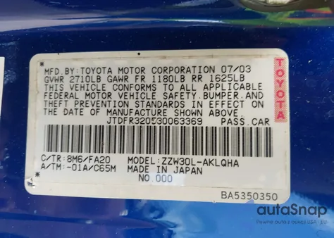 2003 Toyota Mr2 Spyder from USA, damaged, VIN JTDFR320530063369